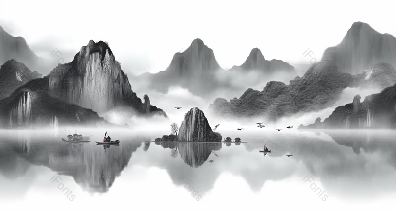 中式意境渔船淡雅水墨画,插画/手绘图,插画/手绘图库,插画/手绘图下载,插画/手绘